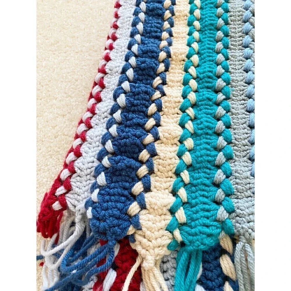 Handmade Blue Burgundy Striped Crochet Afghan Throw Fringe Roseanne Mission Sofa